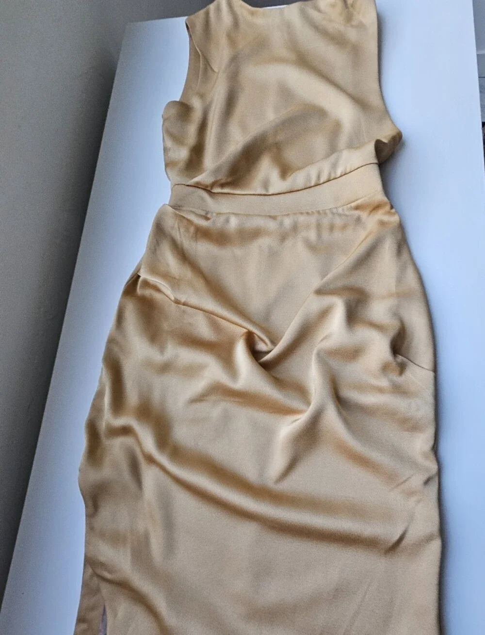 Friend Of Audrey Australia Gold Rouched Satin Asymmetric Sleeveless Midi Dress